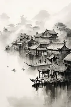 水墨画风徽派建筑江南水乡插画