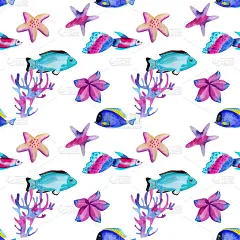 无缝图案与水彩海洋鱼类和海星在海底，手绘在一个白色的背景
