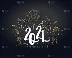快乐的手绘新年设计与烟花，鸡尾酒和装饰，金色的颜色，优雅和乐趣-伟大的邀请，横幅，壁纸