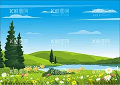 卡通背景  - 源文件下载【酷图网】卡通背景,卡通风景,风景,蓝天白云,手绘风景,儿童插画,卡通插画,背景插画,绿色背景,儿童风格背景,卡通树,卡通花,草地,蓝天,云朵,卡通云朵