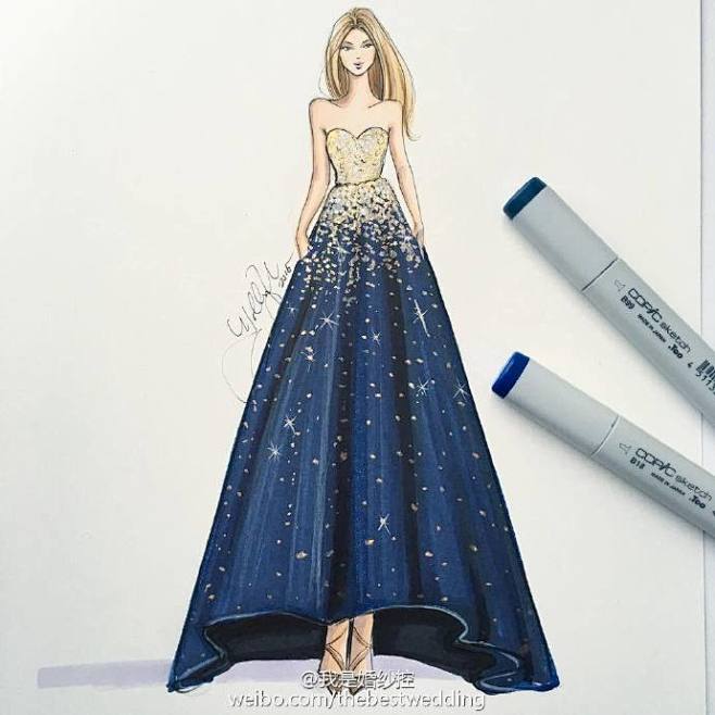 蓝色礼服手绘插画~