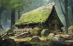森林中的茅草屋建筑壁纸
