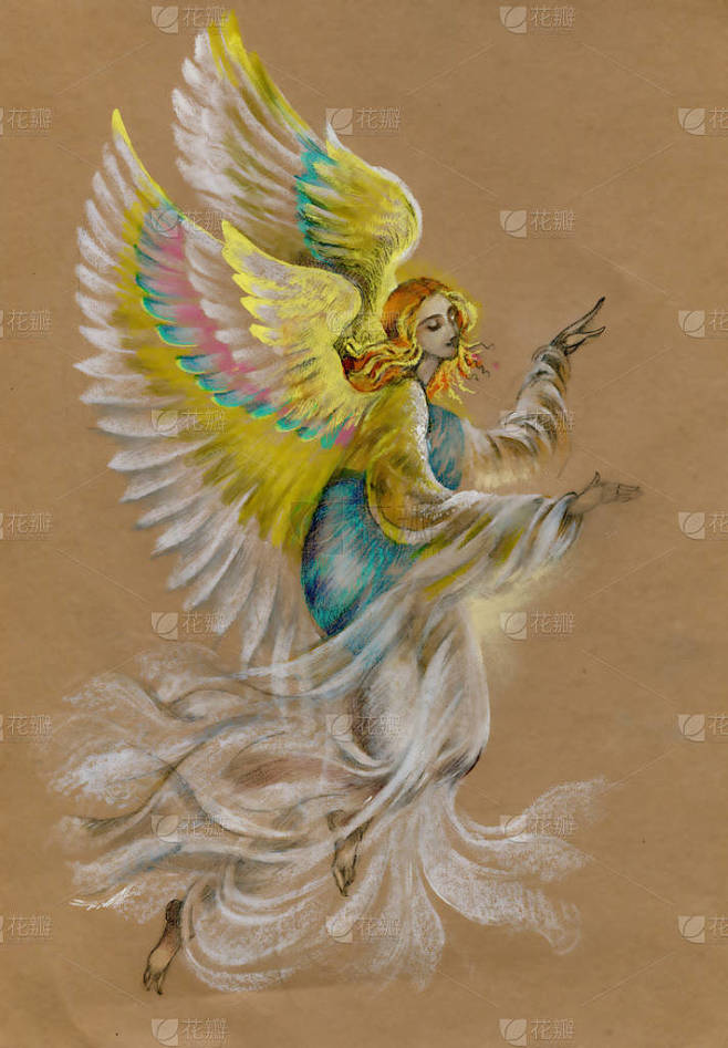 圣诞快乐，新年贺卡与美丽的天使翅膀，水彩插图