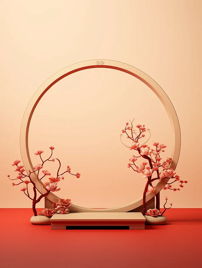 浅黄色背景的圆形讲台，中国新年元素，纹理...