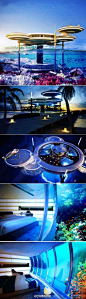 【迪拜超给力的水下十星级酒店】以奢华举世闻名的迪拜啊！海底酒店位于迪拜阿拉伯湾水下60英尺，自称为十星级酒店！ 分海上和海底两部分，共拥有21个房间，还有潜水中心和酒吧供娱乐休闲。水上部分则是有餐厅、温泉浴场和巨大的游泳池。(