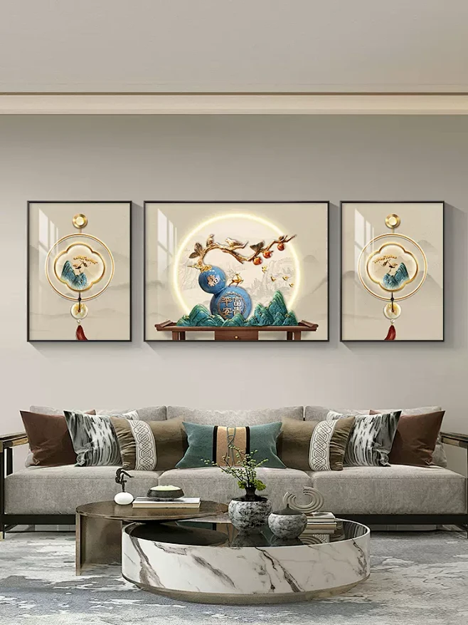 福鹿新中式客厅挂画葫芦沙发背景墙装饰壁画寓意好高档大气三联画-tmall.com天猫-花瓣网
