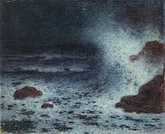 费迪南德·杜·普伊戈多 Ferdinand du Puigaudeau1864-1930，法国后印象派“我着迷于收集每个月光笼罩的夜晚。”他的作品通过强烈的色彩对比和别具匠心的创作手法带来强烈的视觉冲击。仿佛在昏暗的夜空下闪烁着几颗小而明亮的星星，引人无尽遐想。他画了许多布列顿的场景，着迷于赦免的传统、游行和仪式，并喜欢研究布列顿妇女的绘画。他对光的效果着迷，云雾缭绕，周围的景物朦胧不清。