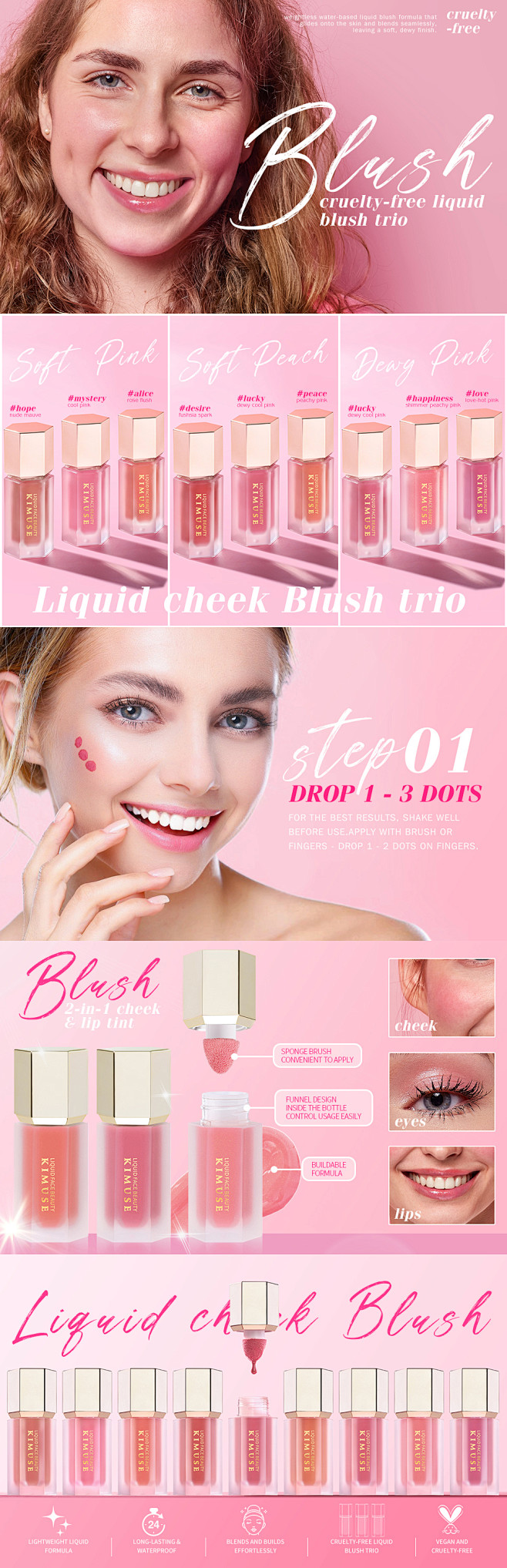 液体腮红外贸详情页A+页面 KIMUSE Soft Cream Blush Makeup, Liquid Blush for Cheeks ...