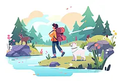 露营场景插图，野餐，欢乐的气氛，春天，阳光，鲜花徒步