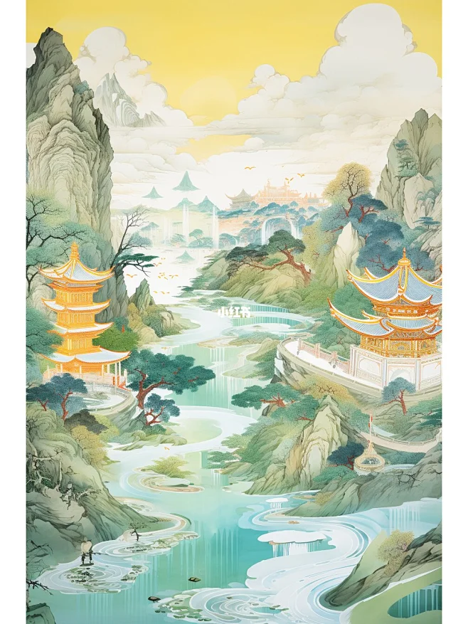 Mid Journey国风山水画-花瓣网
