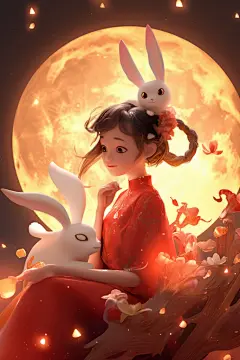 可爱汉服皮克斯风格嫦娥玉兔中秋节人物插画