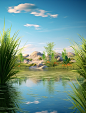 a desert landscape with grass and flora, in the style of romantic riverscapes, minimalist backgrounds, 32k uhd, mysterious jungle, sparkling water reflections, back button focus, sky-blue and green