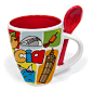 Valencia Child’s Mug : Illustration child’s mug from Valencia, Spain for Grupo HTC company. In the figure are represented the most typical from Valencia; paella, Miguelete tower, Serrano Tower, City of arts and sciences, fireworks, oranges, sun and beach.