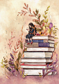 【韩国插画家Aeppol 的「森林女孩日记」系列插画】—— 一本本书籍，叠起成长的阶梯 ~ 