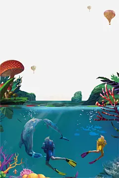 清新唯美海洋潜水背景高清素材 唯美 海洋 海草 清新 潜水 背景 鲸鱼 免抠png 设计图片 免费下载