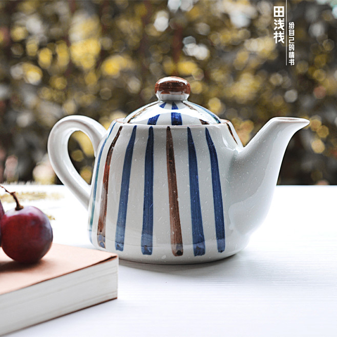 日式和风茶壶套装条纹茶壶茶杯茶壶功夫陶瓷...