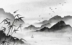 手绘中国风水墨山水画小船竹叶古风海报插画高清模板免费下载-趣麦麦图