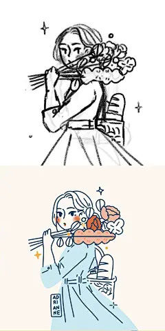 插画师 Adrianne Walujo用简约的线条和色块来表现人物，温馨十足！