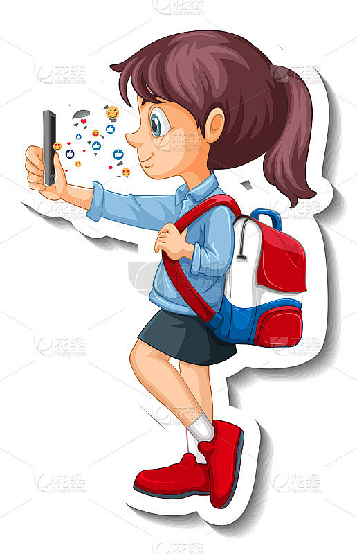一名女学生正在使用智能手机的卡通人物贴纸