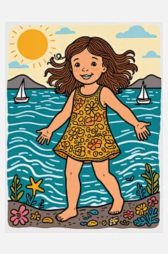 数字艺术插画版画海边女孩线条画扁平风装饰-众图网