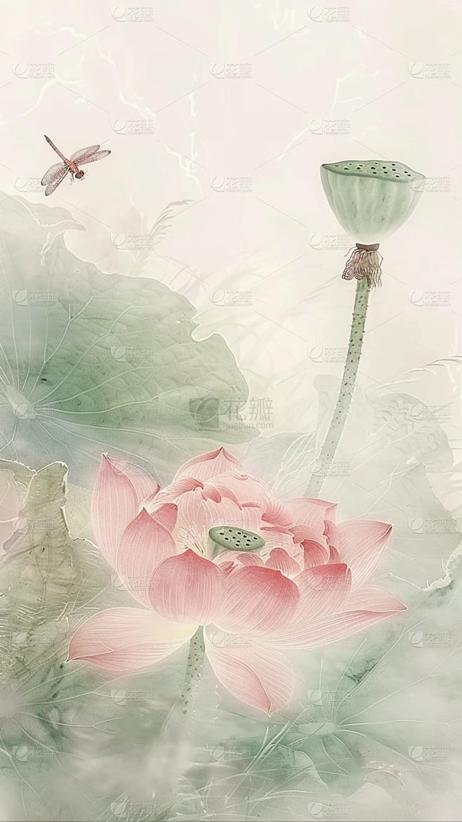夏日中国风-荷花荷叶水墨晕染无描线工笔画图片背景素材-花瓣网