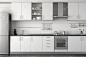 室内设计的干净的现代的白色和黑色厨房用不锈钢设备