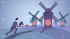 商人堂吉诃德和风车。商业漫画。