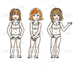 美丽快乐的小女孩在白色内衣摆姿势。矢量集美丽的孩子插图。童年和家庭生活方式剪辑艺术。
