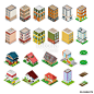 Isometric City Buildings Set. Modern Houses with Flowers. Vector illustration