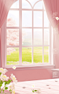 pink room with a window and flowers, in the style of photobashing, cartoon mis-en-scene, soft, romantic landscapes, organic material, glazed surfaces, pure color, 3840x2160