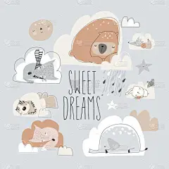 可爱的卡通动物睡在云彩上.美梦
