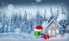 房屋,雪,圣诞卡,贺卡,小的,云杉,童话故事,动物雪车,木制,雪橇