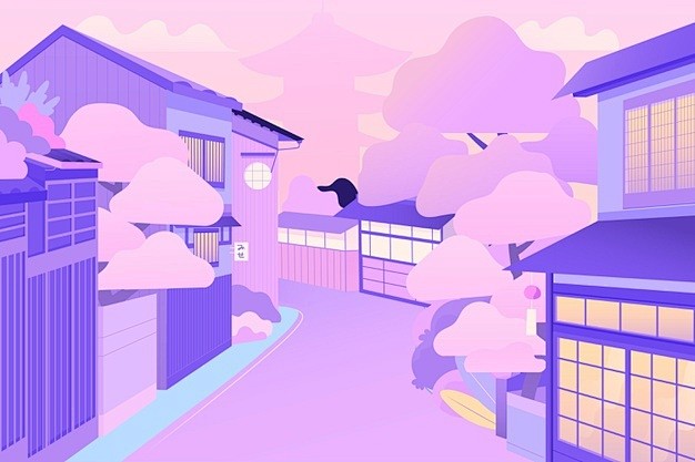 柔和色彩手绘日本街道风景场景插画矢量图素...