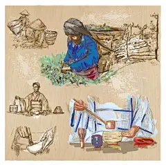 茶园山水茶叶花茶茶壶叶子采茶插画平铺包装 AI矢量设计素材