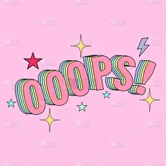 流行艺术风格的女士T恤的矢量插图，倾斜补丁，现代字母oops！与星星和闪电在泡泡糖的颜色，框架轮廓字