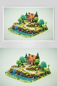 AI数字艺术立体露营游戏地图元素模型
