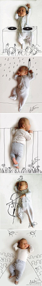 【婴儿的幻想秀】摄影师和艺术家 Adele Enersen 创造了一个新的系列，她通过爱疯拍下自己孩子各种姿势的小睡，然后再迅速素描，配合婴儿本身的动作。
