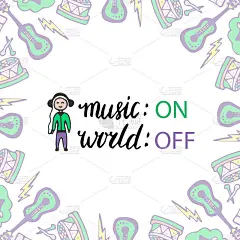 有男孩和手写字母的音乐海报。矢量插图。音乐打开，世界关闭。