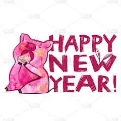 可爱的猪，创意2019年新年字。中国历法中年份的象征。明信片的水彩插图。