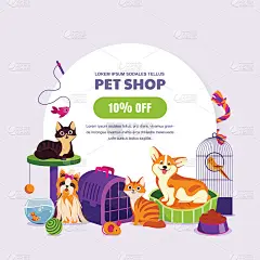 宠物店海报或横幅设计模板。矢量卡通插图的猫，狗，水族鱼和金丝雀。