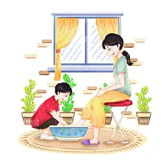 给妈妈洗脚  - 源文件下载【酷图网】手绘,感恩节,给妈妈洗脚,尽孝心,卡通,