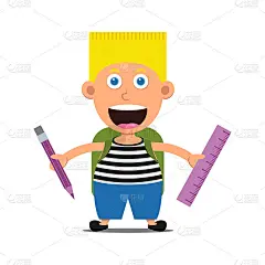 可爱的卡通小男孩穿着水手条纹背心，包，铅笔，尺子。孩子角色孤立在白色背景。快乐的微笑，孩子们上小学一