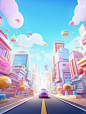 a short video showing an animated city with cartoon characters riding the street, in the style of soft edges and blurred details, kawaii art, blown-off-roof perspective, rtx, bright colors, bold shapes, photorealistic rendering, light magenta and sky-blue