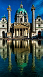 Austria - Karlskirche (St. Charles's Church), Vienna - Facts of Austria: Area: 83,855 sq km. Landlocked. The Alps in the south and west; flat plains along the Danube River in the east. Population: 8,387,491. Capital: Vienna. Official language: German. Lan