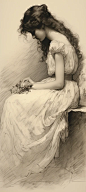 profile of a woman looking down at her knee in a white gown in the style of an 1800s etching