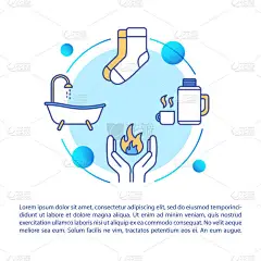 人体加热方式的概念图标与文字.温水洗浴,冻伤疗法推荐PPT页模板.小册子、杂志、带有线形插图的小册子