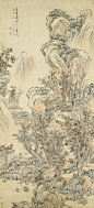 15f6000e5c323eb7b309明 · 蓝瑛《秋山红树图
蓝瑛师法名家画之作，能够表现出娴熟驾驭各家画风的艺术能力。其学画伊始就越出浙派樊篱，并自黄公望入手，并参王蒙、吴镇、倪云林、赵孟俯诸家长处，更上窥李唐、董源、范宽各家，融洽贯通，终于别开生面成一大家。时人称其画风“落笔纵横，墨汁淋漓，山石巍峨，树木奇古，练瀑如飞，溪泉若响”，又说“绝似仲圭，复似启南”，一语道出蓝瑛画风在渊源上与文人画的关系和晚岁苍劲雄浑的画风。
