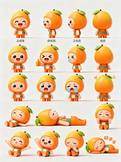 3D卡通角色设计，盲盒，橙色，芒果宝宝头套拟人，身穿小背心，卖萌，三视图，正视图，侧视图，后视图，及表情包设计：各种夸张的表情和动作，包括：开心、大笑、点赞、发火、大哭，思考，躺平，打招呼、睡觉等，干净背景，高级，充满创意