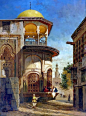 Egypt , Old Cairo Paintings: Adrien Dauzats (French , 1804–1868) - A street scene in old Cairo near the Ibn Tulun Mosque Adrien Dauzats (français, 1804-1868) - Une scène de rue dans le vieux Caire près de la mosquée Ibn Tulun: 
