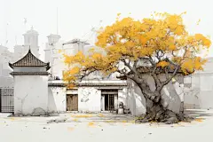 水墨徽派建筑江南水乡插画